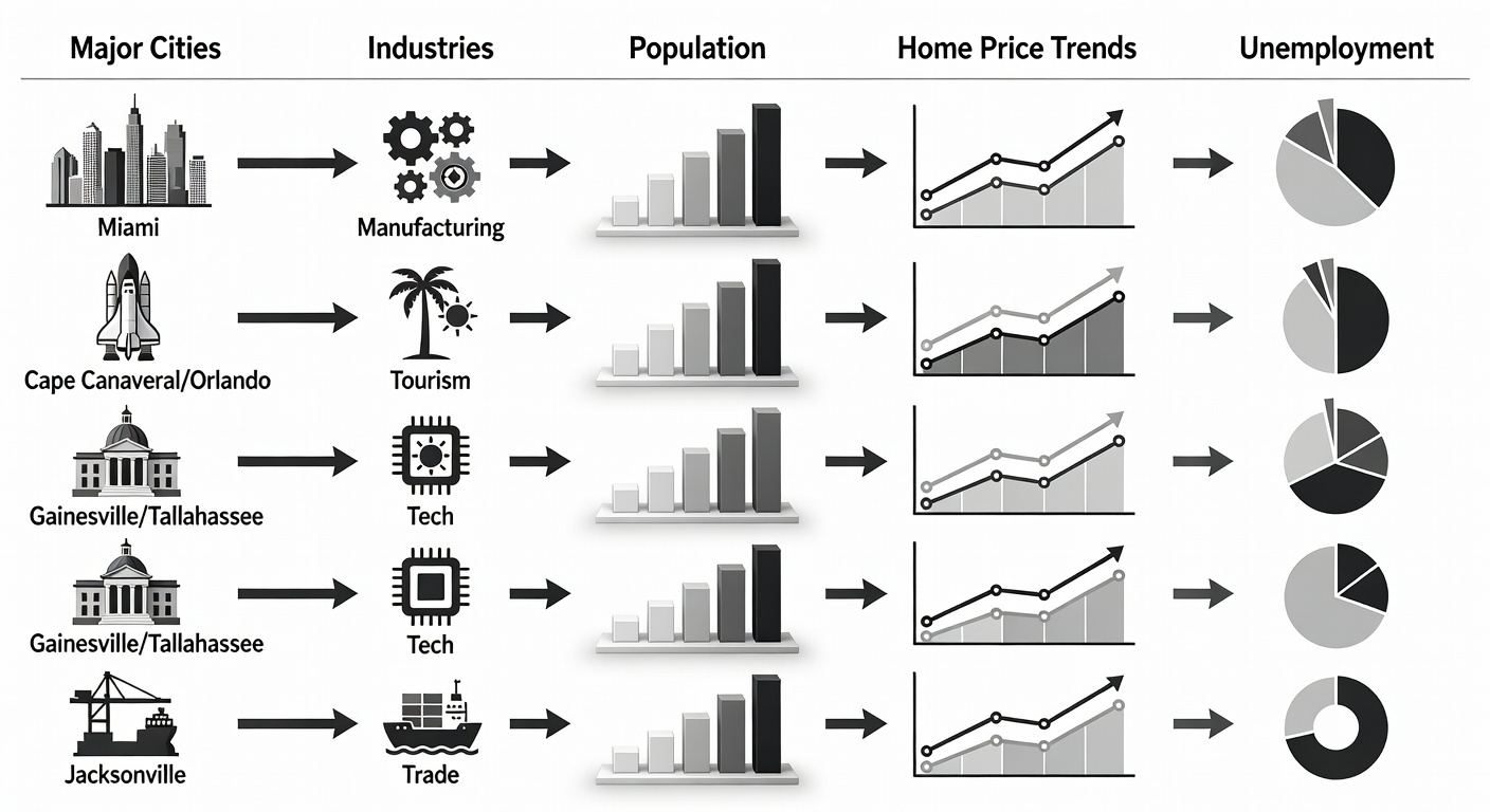 Comparative infographic table visualization expanded from text, showing Florida major cities with icons for industries, population bars, home price trends, and unemployment charts for quick educational comparison.