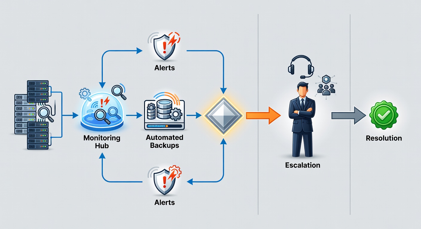 Detailed flowchart diagram illustrating Fox Computer Solutions' proactive IT support process, including monitoring, alerts, automated backups, and escalation to dedicated team leader for Central Florida businesses. 