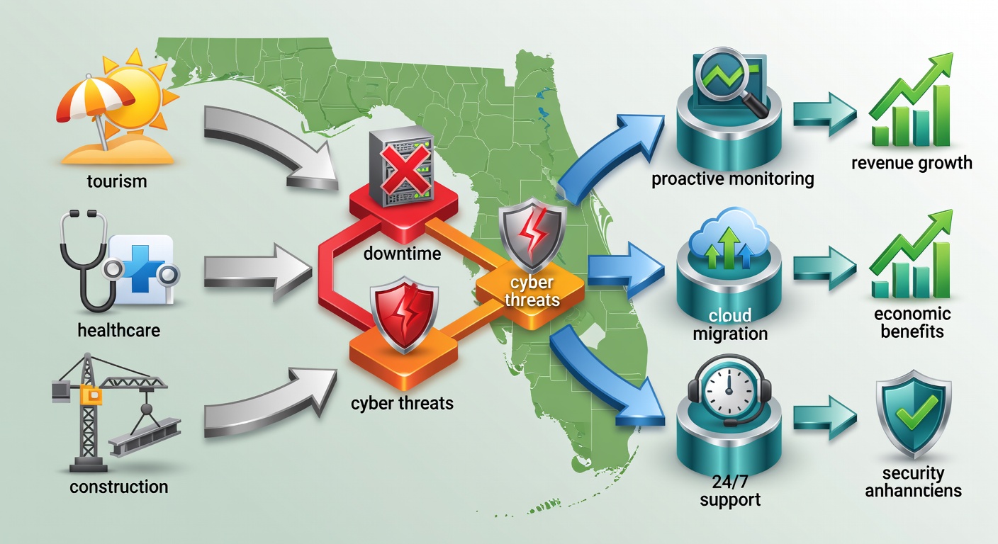 Detailed flowchart diagram showing Florida's economic drivers (tourism, healthcare, construction icons) leading to IT challenges (downtime, cyber threats) and resolved by managed services pillars (proactive monitoring, cloud migration, 24/7 support), with Central Florida map overlay and arrows to benefits like revenue growth.