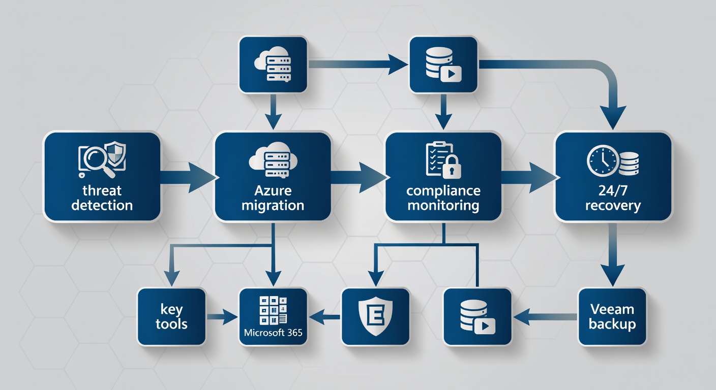 Detailed flowchart diagram showing the IT support lifecycle for Florida businesses, from threat detection and Azure migration to compliance monitoring and 24/7 recovery, with labeled steps and icons for key tools like Microsoft 365, ESET, and Veeam backups.