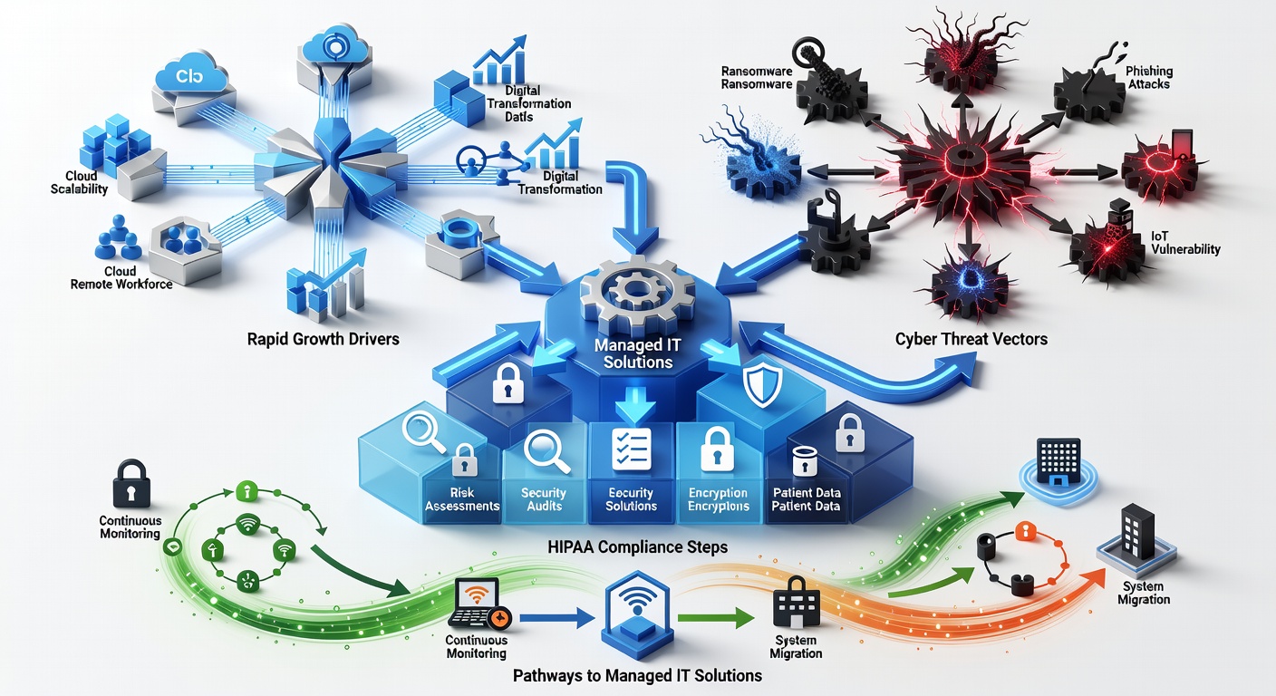 Detailed flowchart illustrating key IT challenges for Florida businesses in 2026, with nodes for rapid growth drivers, cyber threat vectors, HIPAA compliance steps, and pathways to managed IT solutions including monitoring and migration flows.
