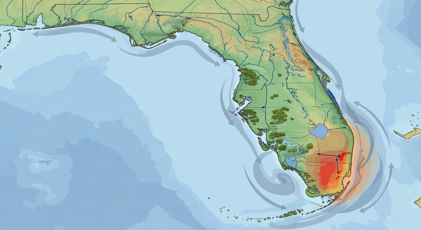 Detailed geographical diagram of Florida peninsula highlighting Atlantic/Gulf coastlines, Everglades, Florida Keys, major rivers, elevation contours under 345 ft, and hurricane-prone zones with labeled climate impacts for educational purposes.