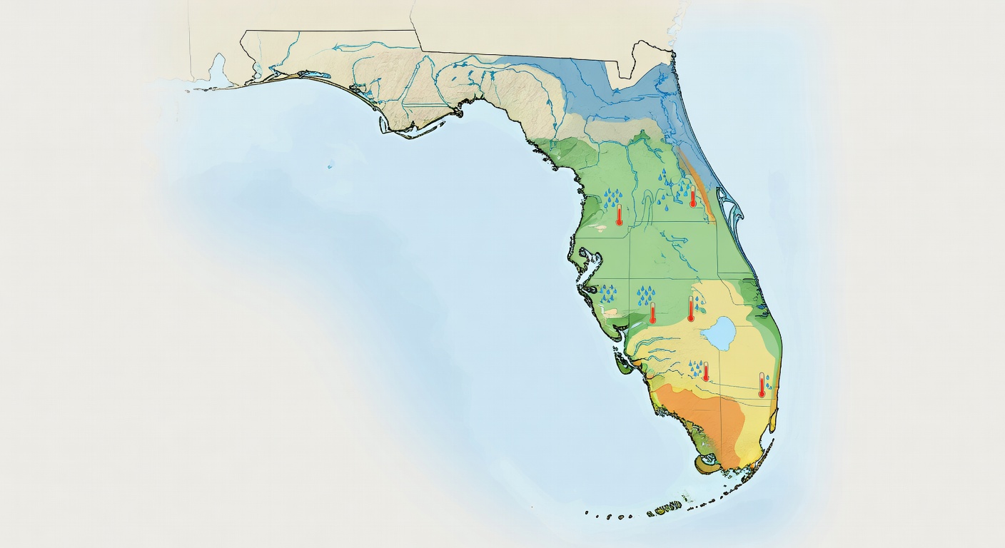 Educational diagram of Florida's geography showing peninsula outline, coastlines, major rivers, Everglades, Florida Keys, elevation map, and overlaid climate zones with rainfall/temperature icons for structural visualization.