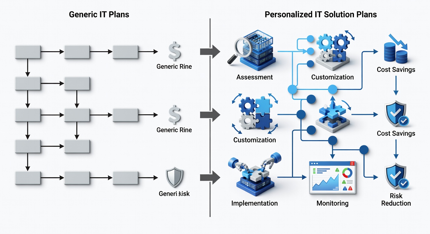 Educational flowchart diagram contrasting generic IT plans versus personalized IT solution plans, with labeled stages for assessment, customization, implementation, and monitoring, including metrics icons for cost savings and risk reduction.