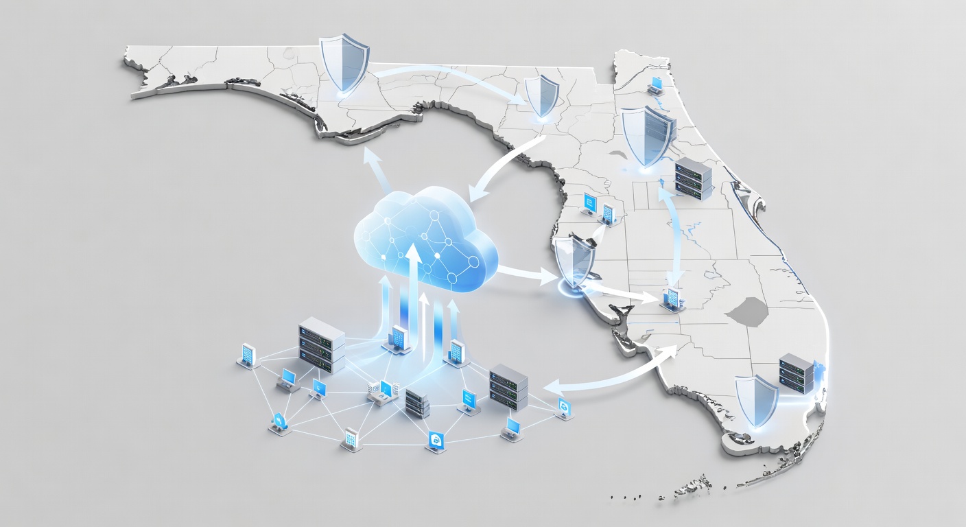 Illustrative diagram of a Florida state map highlighting Central Florida (Orlando, Longwood), with layered icons for cybersecurity shields, Microsoft Azure cloud migration paths, managed IT service flows, and interconnected SME networks for educational visualization of regional IT infrastructure.