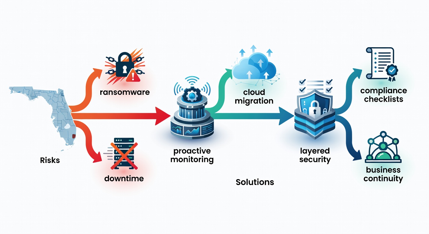Illustrative flowchart diagram depicting common IT challenges for Florida businesses in 2026, with arrows showing progression from risks like ransomware and downtime to solutions via proactive monitoring, cloud migration, and layered security, including icons for Central Florida map, Azure cloud, and compliance checklists.