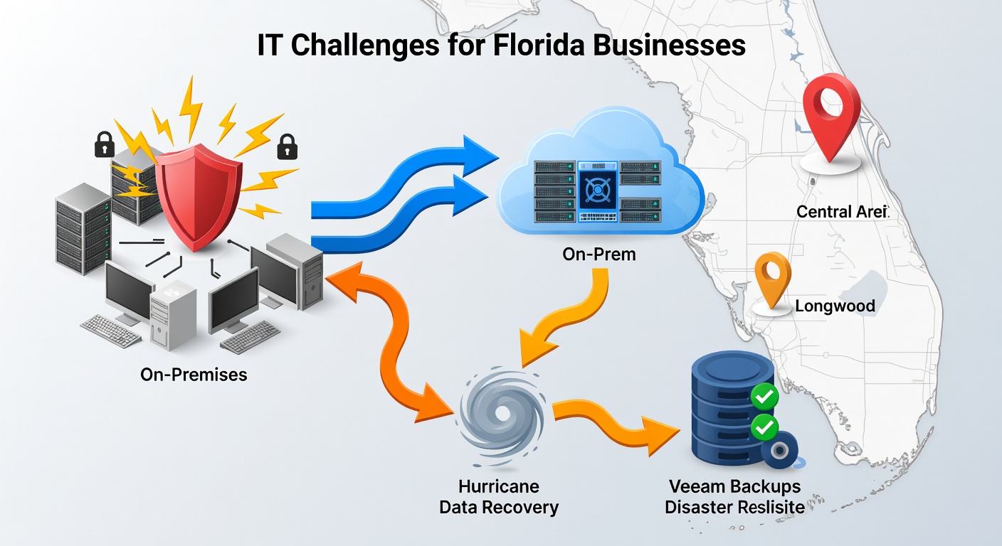 Illustrative flowchart diagram depicting IT challenges for Florida businesses, including cybersecurity threats, cloud migration pathways from on-prem to Azure hybrid setups, hurricane data recovery flows with Veeam backups, and Central Florida geo-markers for Orlando and Longwood locations.