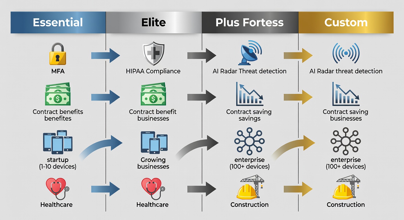 Side-by-side comparison infographic of IT service packages for Florida businesses, with columns for Essential, Elite, Plus Fortress, Custom; rows for features like MFA, HIPAA, AI radar, contract savings; including scalability icons from startup (1-10 devices) to enterprise (100+), and Florida industry matches like healthcare and construction.