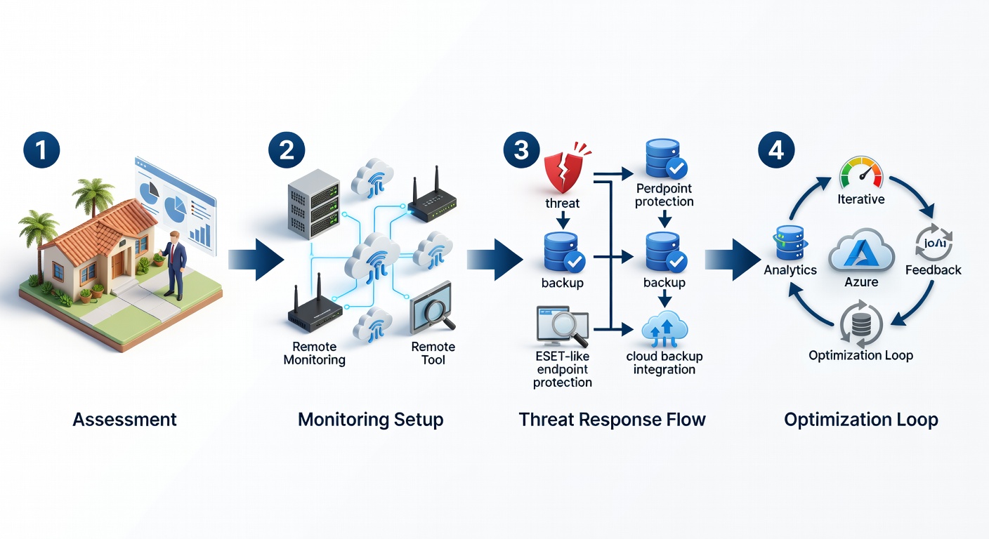 Step-by-step process diagram for managed IT services in Florida: 1. Assessment, 2. Monitoring setup (icons for remote tools), 3. Threat response flow (ESET to backups), 4. Optimization loop with Azure integration, structured as numbered flowchart with Florida SMB icons.