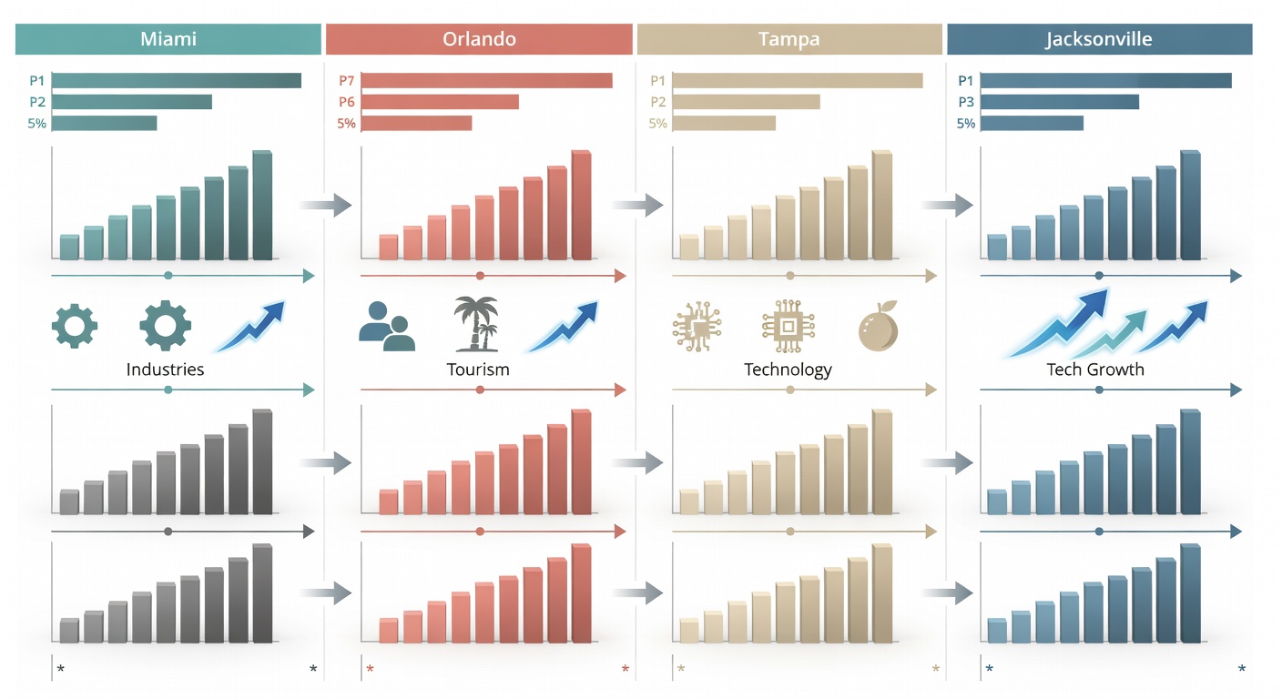 Structured comparison infographic table visualizing major Florida cities' key stats, including population bars, home price charts, industry icons, tech growth arrows, and source footnotes for quick educational reference.