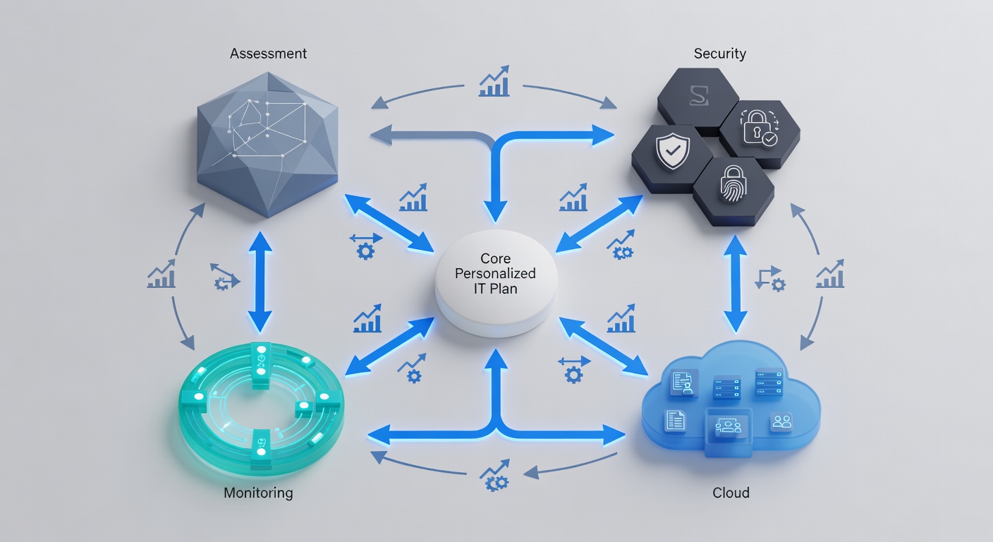 Structured diagram of personalized IT solution plan components, with interconnected nodes for assessment, security (zero-trust/MFA), cloud (Azure/M365), and monitoring, arrows depicting data flows and dependencies, annotated with benefit metrics.
