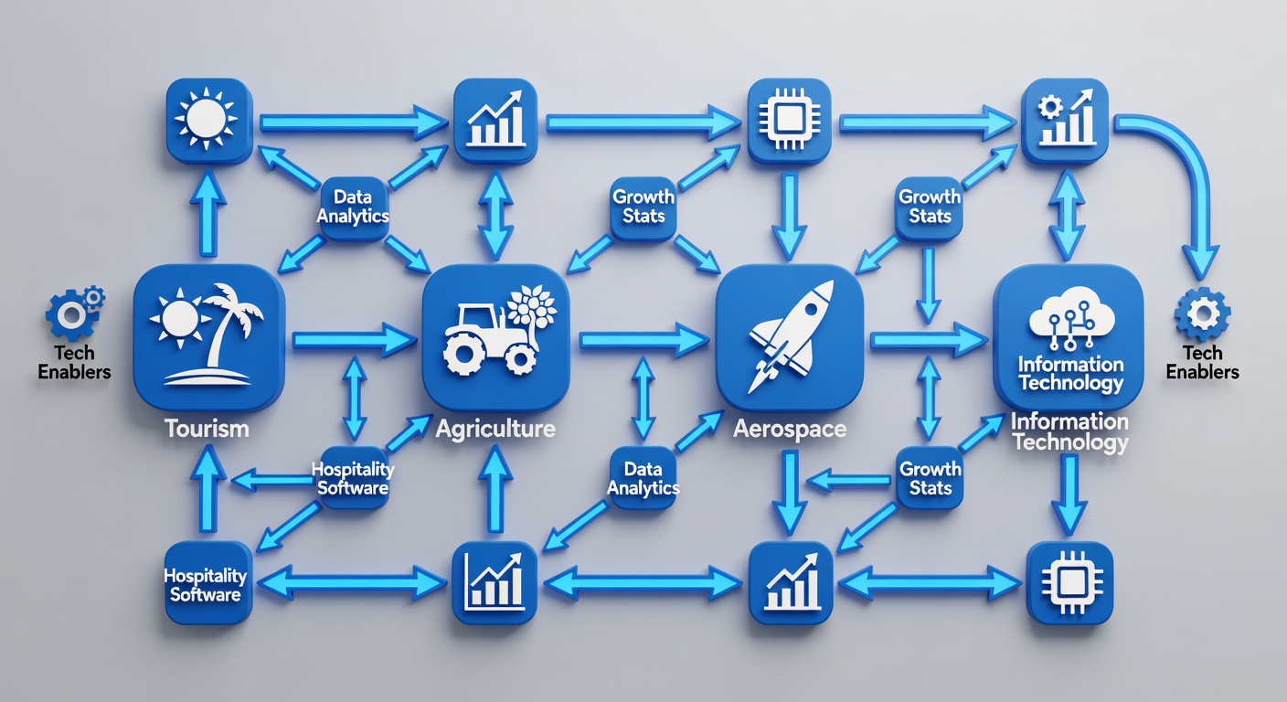 Structured flowchart of Florida economy: Central nodes for tourism/ag/aerospace/IT, arrows showing interdependencies (e.g., tourism to hospitality software, aerospace to data analytics), with growth stats and tech enablers labeled.