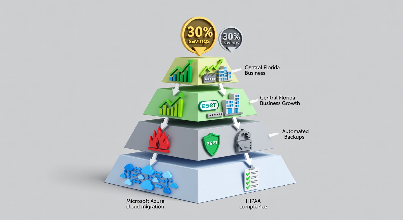 Structured infographic diagram comparing the four IT service packages as a tiered pyramid, with icons illustrating key features like Microsoft Azure cloud migration flows, HIPAA compliance checklists, cybersecurity layers (firewall + ESET + backups), and Central Florida business growth metrics, including 30% savings badges.