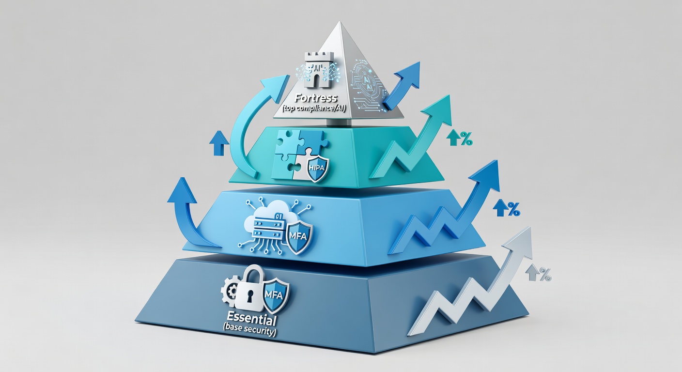 Structured pyramid diagram comparing Florida IT service packages, with layers building from Essential (base security) to Fortress (top compliance/AI), icons for features like MFA lock, cloud server, HIPAA shield, and savings percentages, mapped to Central Florida business growth paths.