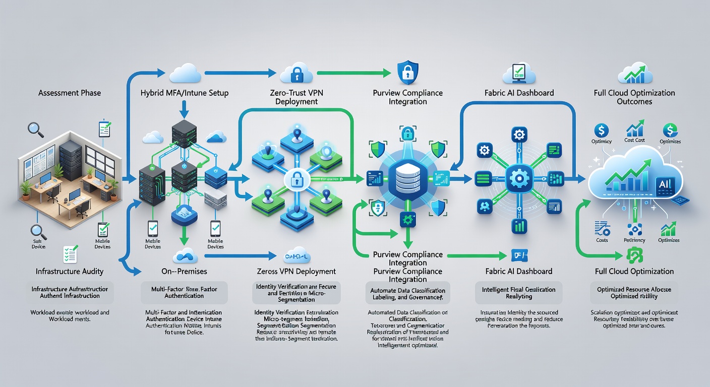 Structured step-by-step diagram of Microsoft Azure migration for Florida SMBs, showing assessment phase, hybrid MFA/Intune setup, zero-trust VPN deployment, Purview compliance integration, Fabric AI dashboard, and full cloud optimization outcomes.