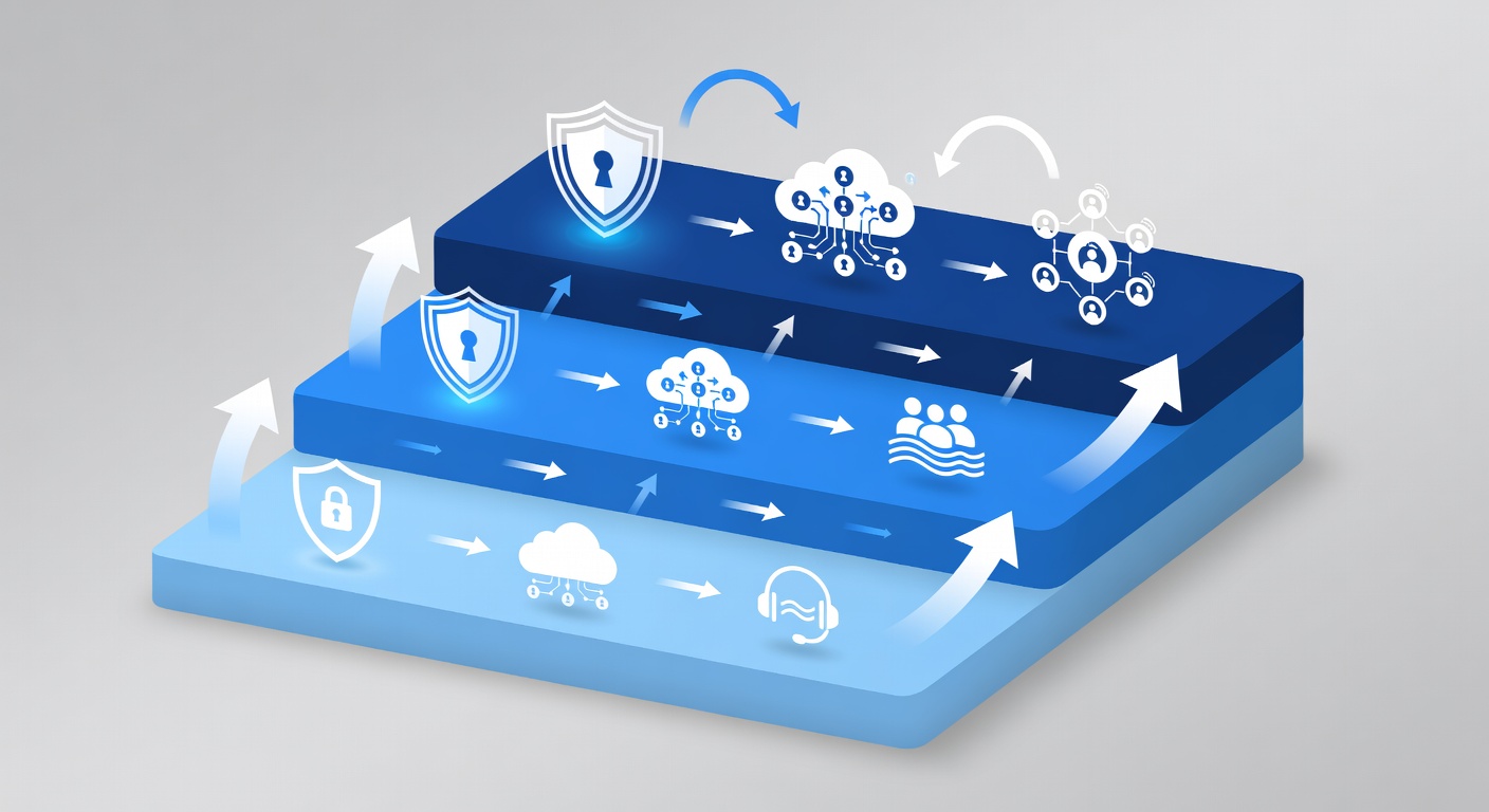A clear diagram showing the three-tier IT service packages comparison with icons for security, cloud, and support features arranged vertically to illustrate progression from Essential to Plus levels.