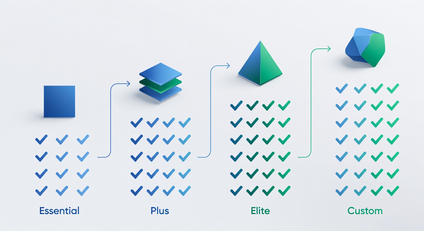 Clean comparison diagram showing four service tiers arranged horizontally with checkmarks indicating included features for Essential, Elite, Plus, and Custom packages, using blue and green color scheme matching professional IT branding
