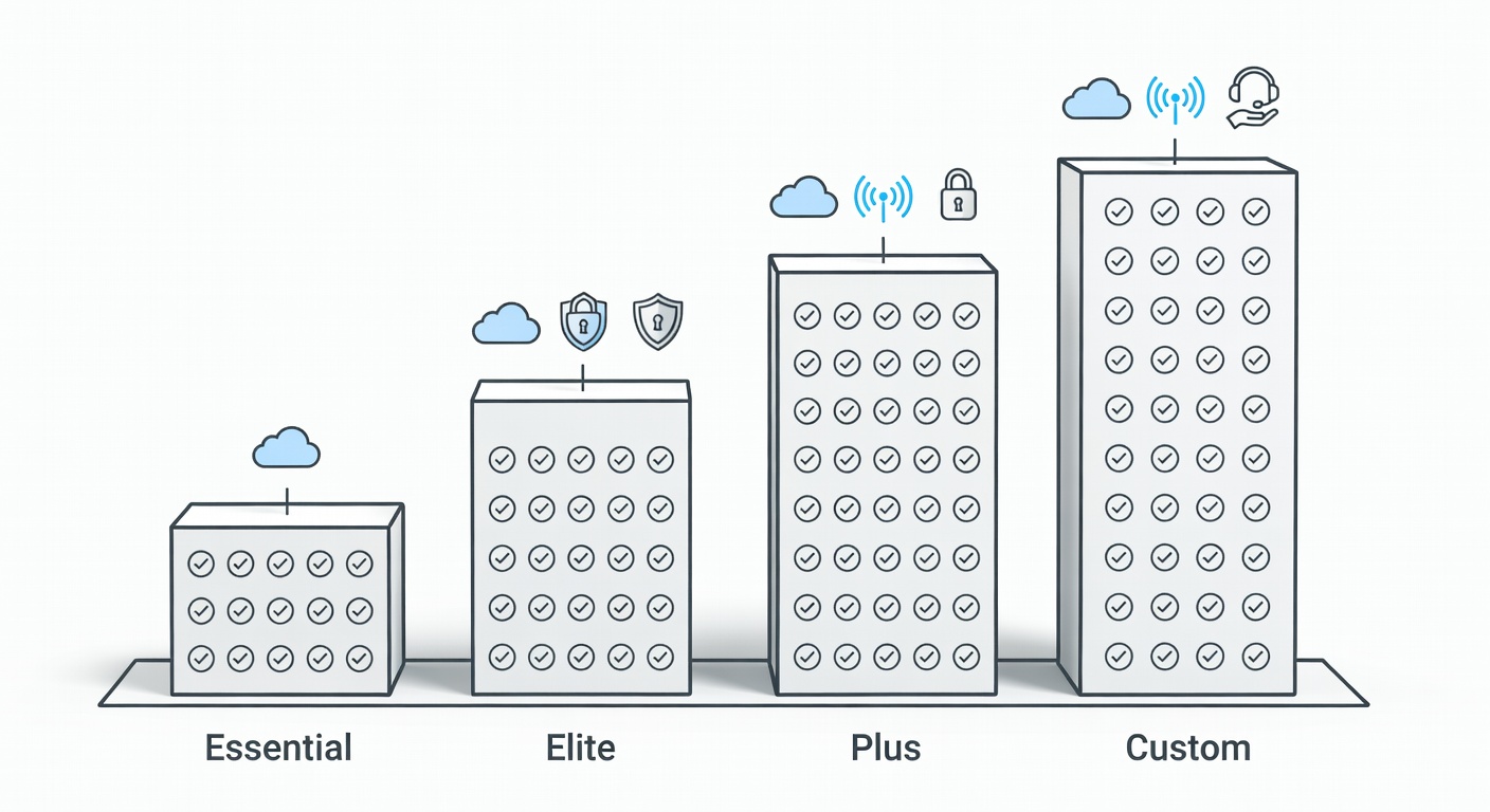 Clean comparison diagram showing four service tiers (Essential, Elite, Plus, Custom) with icons for cloud, security, monitoring, and support levels arranged in ascending columns with checkmarks for included features