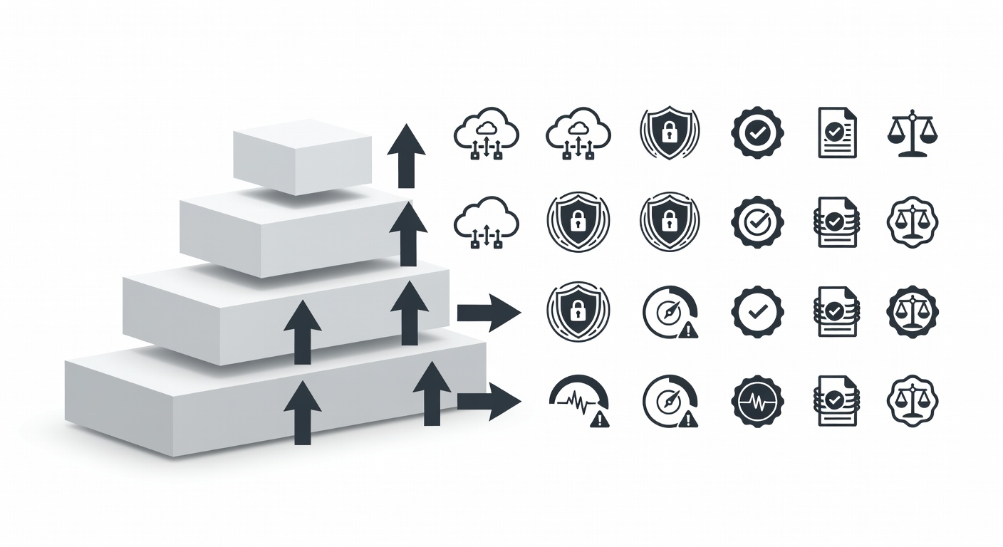 Clean comparison diagram showing the four Fox Computer Solutions IT service packages arranged in ascending tiers with key feature icons for cloud services, security layers, monitoring, and compliance levels.