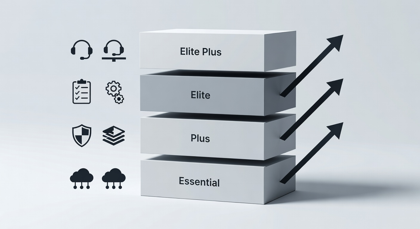 Clean comparison diagram showing the four Fox Computer Solutions service tiers stacked vertically with key feature icons for cloud services, security layers, compliance tools, and support levels next to each package name, including arrows indicating upgrade paths from Essential to Elite to Plus