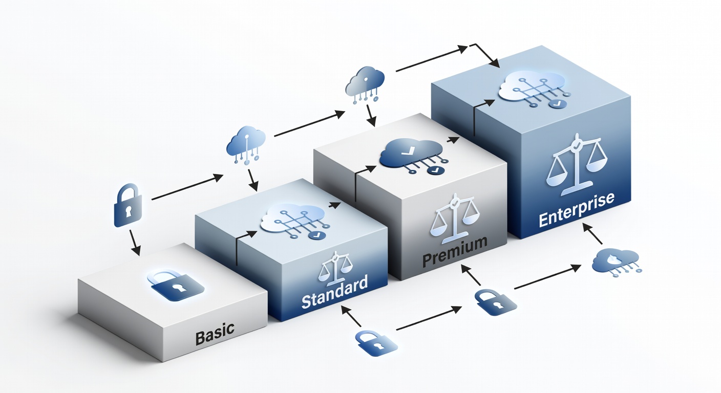 Clean comparison diagram showing the four IT service package tiers from Fox Computer Solutions arranged in ascending order with icons for security, cloud, and compliance features highlighted at each level