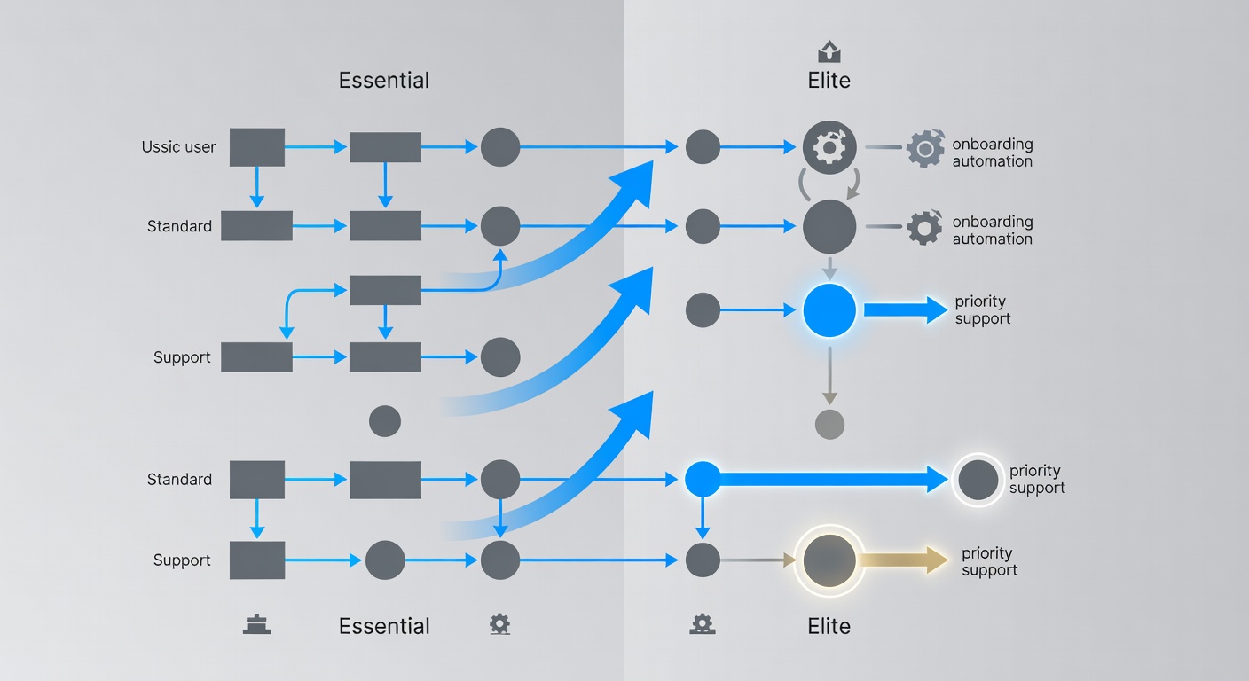 Clean comparison flowchart showing how Essential features flow into Elite additions such as onboarding automation and priority support, with arrows indicating upgrade path and key benefits highlighted in each tier.