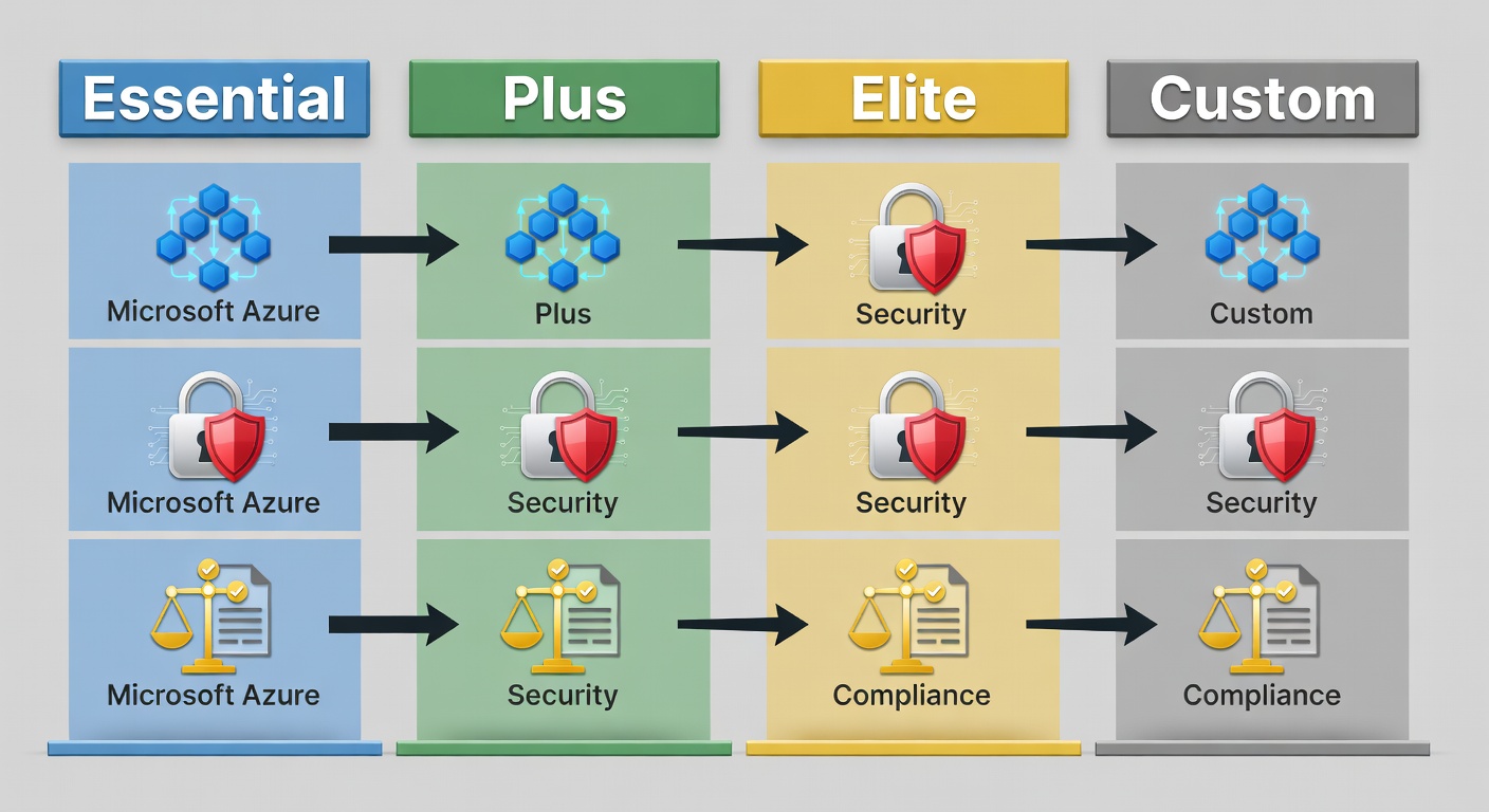 Clean comparison table diagram showing the four service packages of Fox Computer Solutions with feature columns for Essential, Elite, Plus, and Custom tiers, highlighting Microsoft Azure, security, and compliance elements