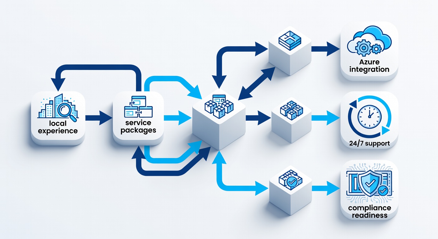 Clean educational diagram showing a flowchart of IT company evaluation criteria for 2026 including local experience, service packages, Azure integration, 24/7 support, and compliance readiness with connected boxes and arrows