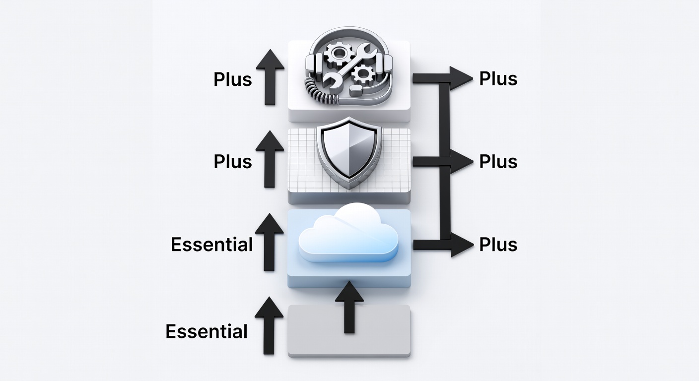 Clean educational diagram showing four service package tiers of Fox Computer Solutions arranged vertically with icons for cloud, security, compliance, and support features connected by arrows indicating progression from Essential to Plus levels