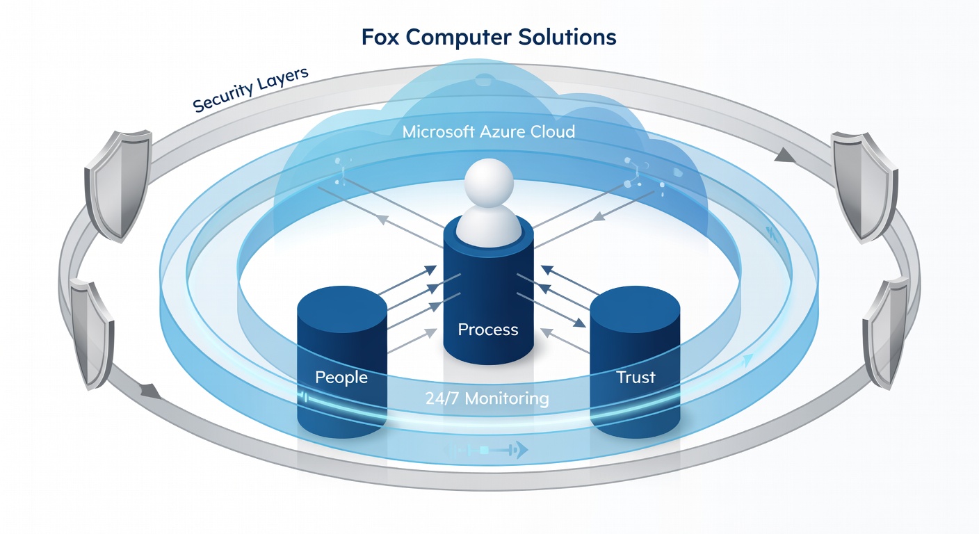 Clean educational diagram showing the layered IT support structure at Fox Computer Solutions: central client icon connected to three pillars labeled People, Process, and Trust, with outer rings for 24/7 Monitoring, Microsoft Azure Cloud, and Security Layers