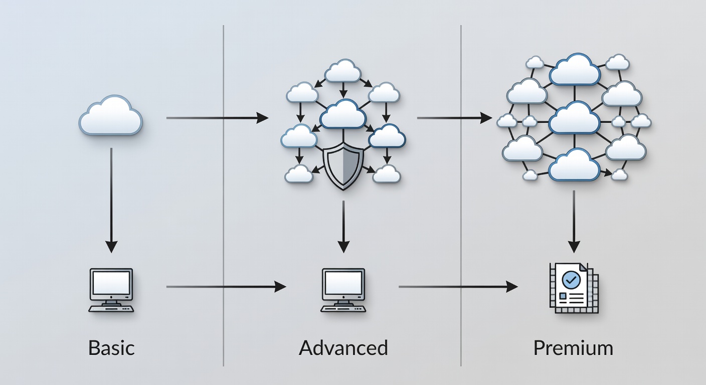 Clean, educational diagram showing the three-tier IT support package comparison for Florida businesses with icons for cloud, security, and compliance features arranged in columns
