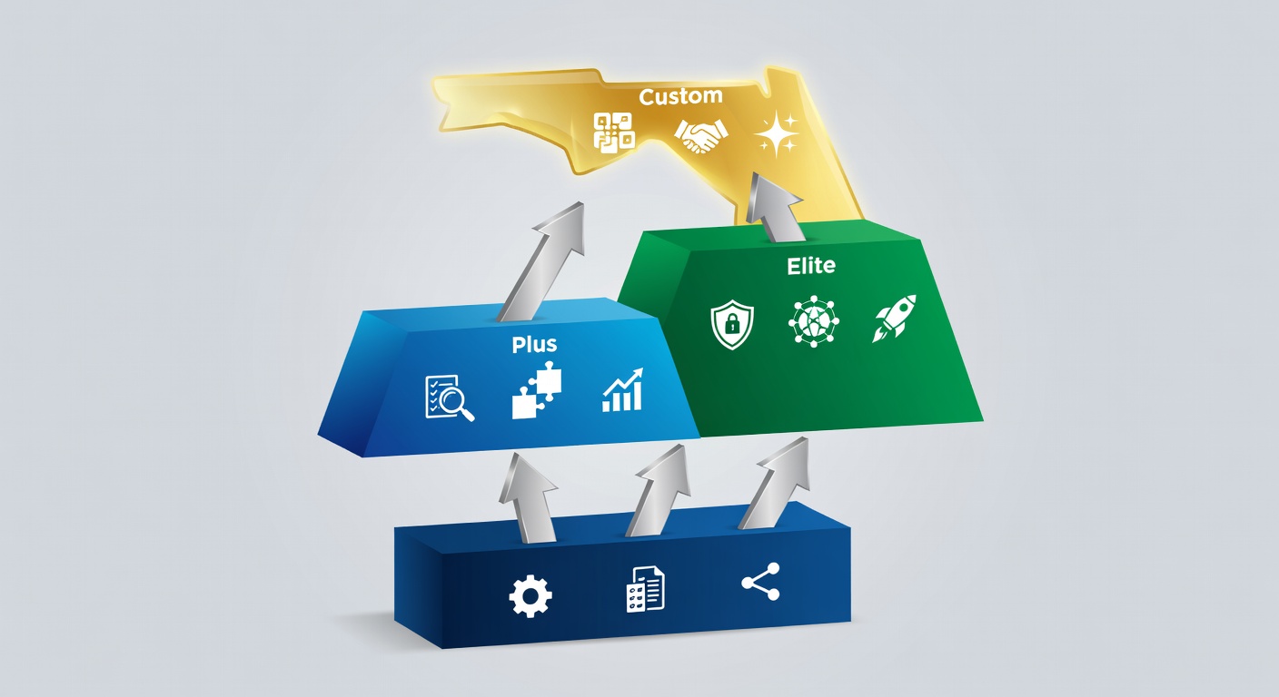 Clean flowchart diagram showing progression from Essential Business Core to Elite, Plus, and Custom packages with key feature icons and arrows indicating upgrade paths for Florida businesses