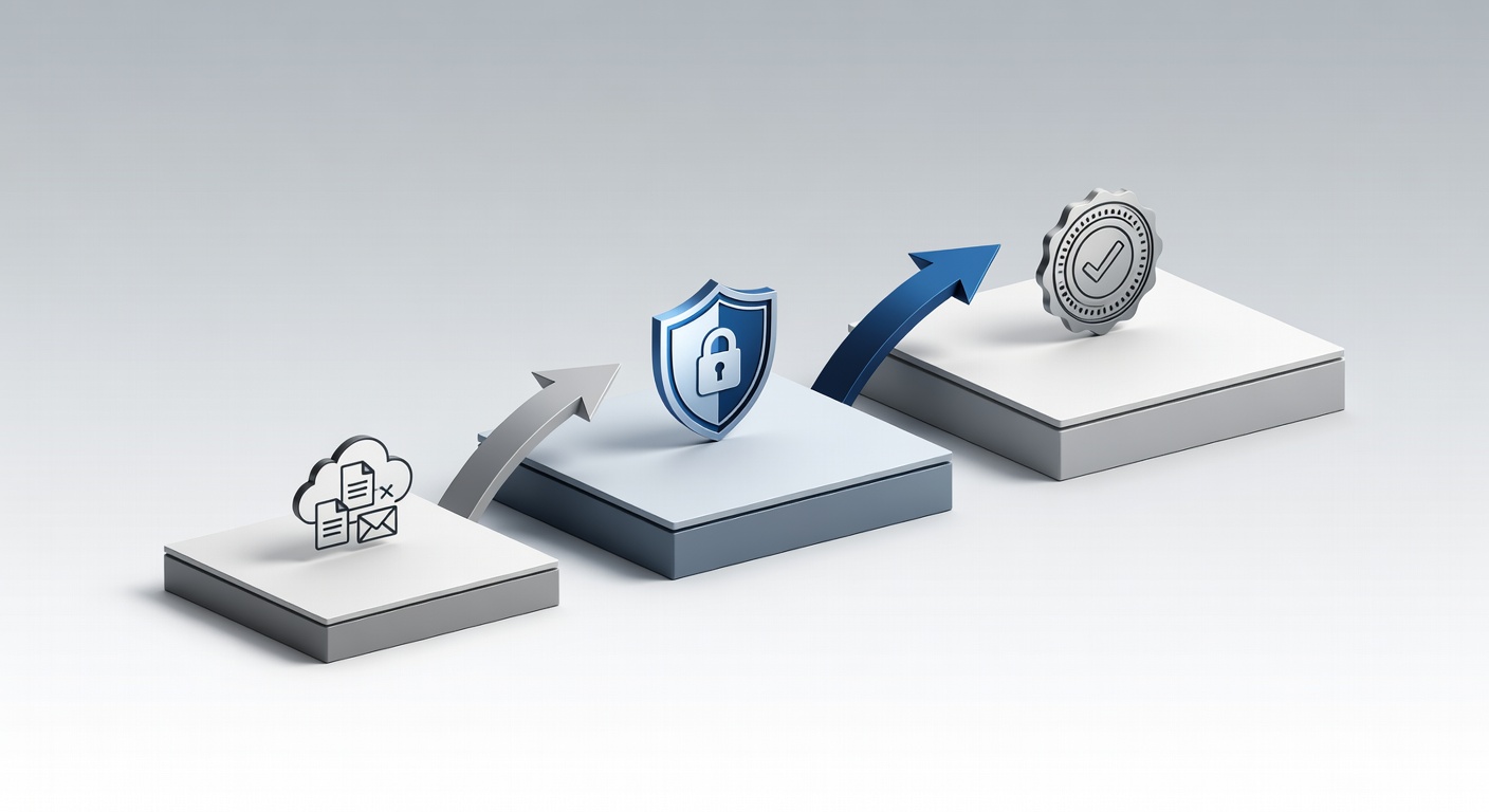 Clean flowchart diagram showing progression from Essential to Elite to Plus service packages with icons for Microsoft 365, security shields, and compliance badges connected by arrows indicating added features at each level.