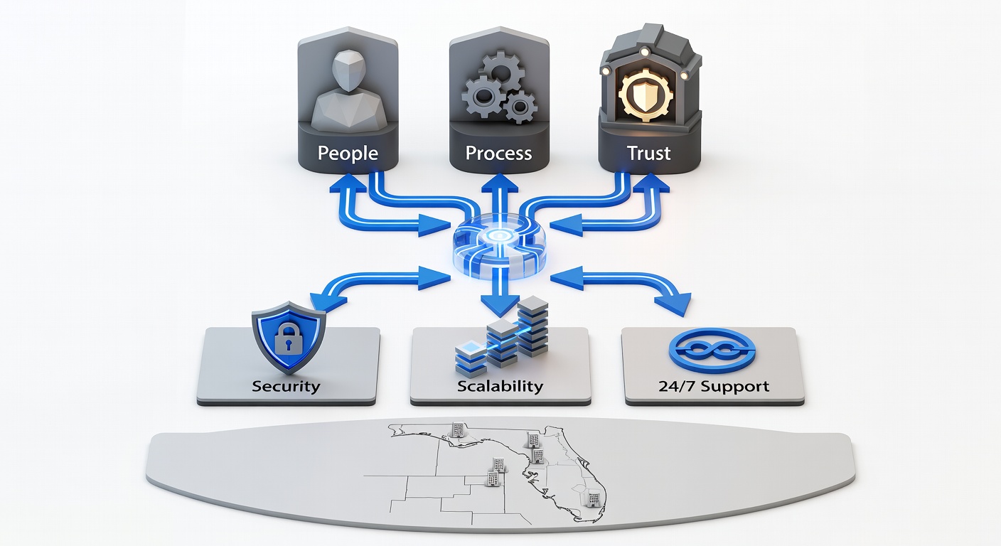 Clean flowchart diagram showing the three pillars of Fox Computer Solutions (People, Process, Trust) connected to key outcomes like security, scalability, and 24/7 support for Central Florida businesses