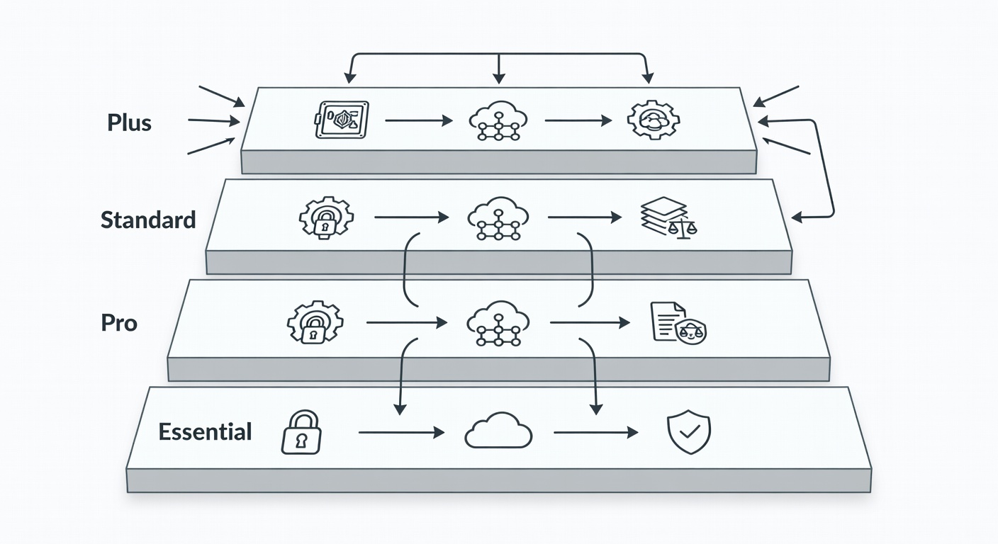 Clean layered diagram illustrating the four Fox Computer Solutions service packages stacked from Essential at the base to Plus at the top, with icons for security, cloud, and compliance features clearly labeled for each tier.