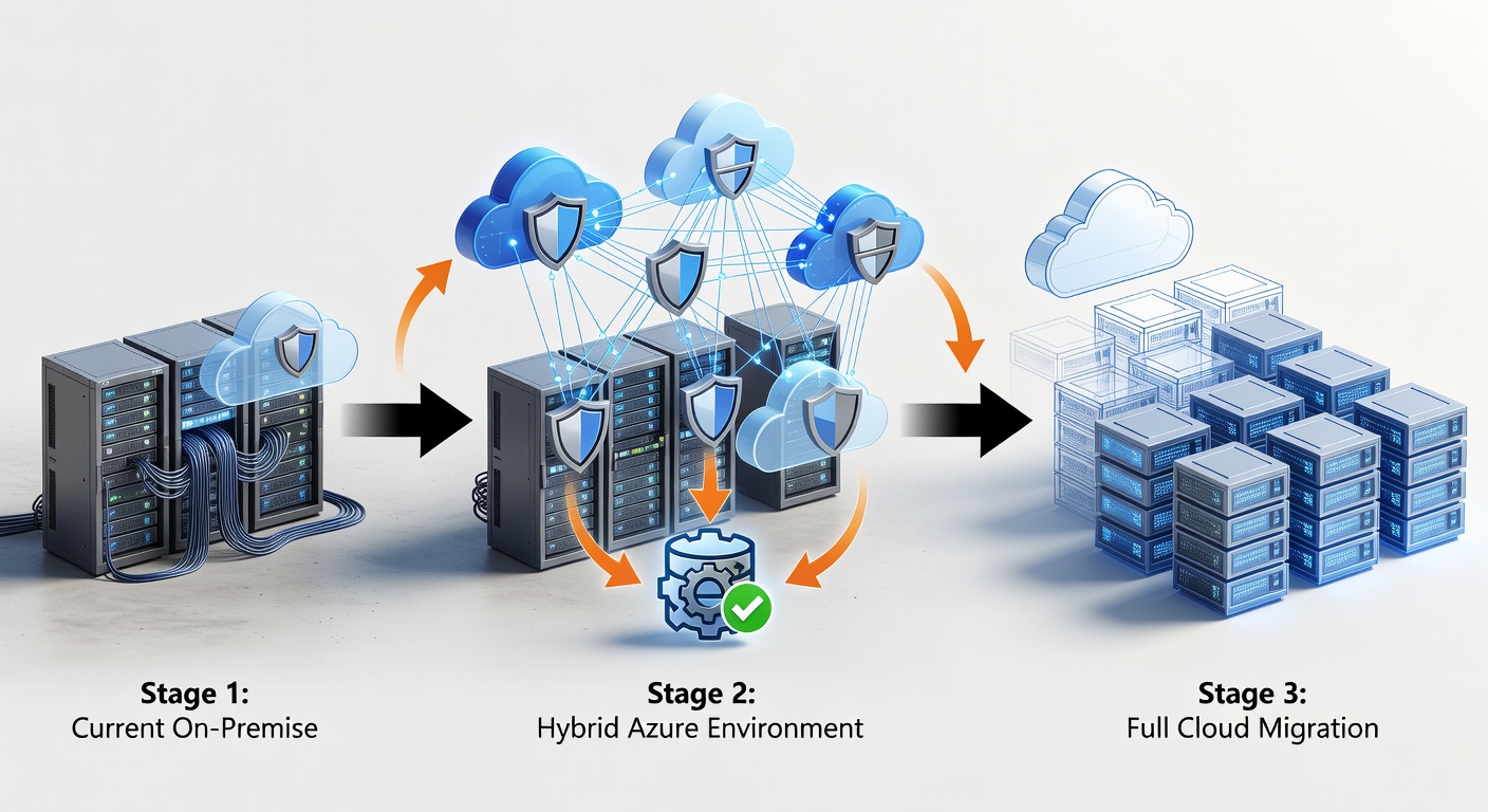 Clean technical diagram showing a three-stage Microsoft Azure cloud migration flow for Florida businesses: current on-premise servers connected to hybrid Azure environment, with Veeam backup arrows and security layers highlighted
