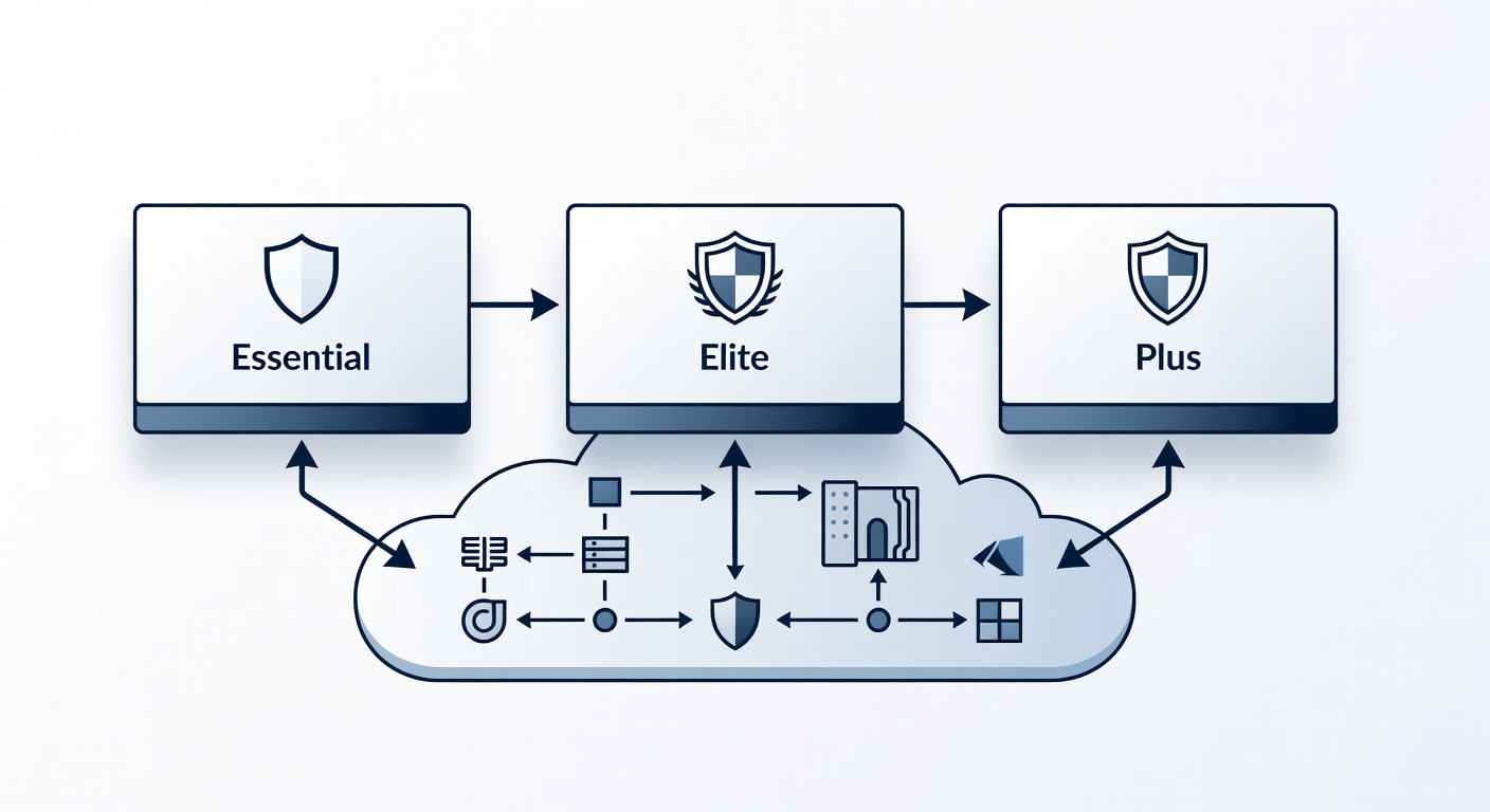 Clean technical diagram showing layered security architecture for Florida cybersecurity company service tiers, with boxes for Essential, Elite, and Plus packages connected by arrows indicating feature progression and Microsoft Azure integration points