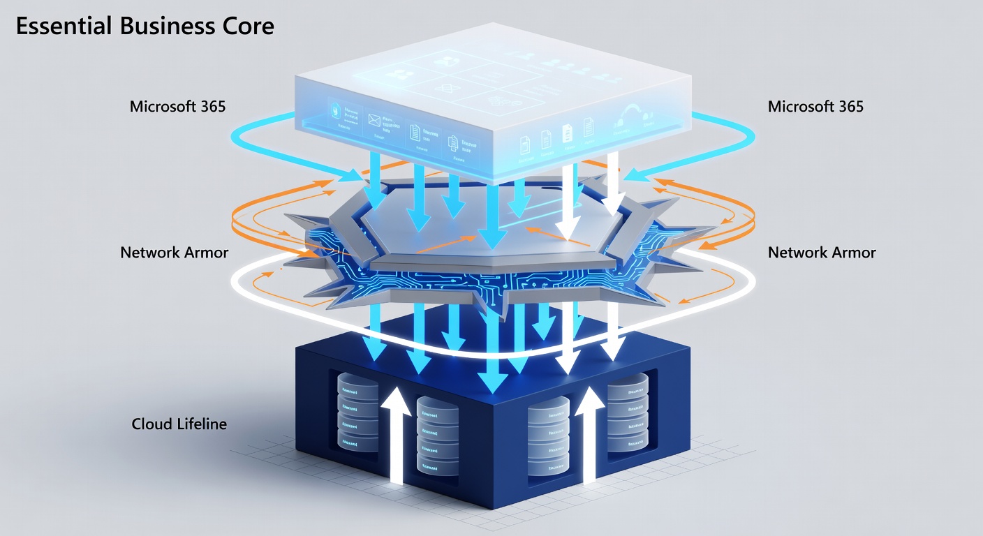 Clean technical diagram showing the layered security architecture of the Essential Business Core package with Microsoft 365 at the top, Network Armor in the middle, and Cloud Lifeline backup at the base, connected by arrows indicating data flow and protection layers
