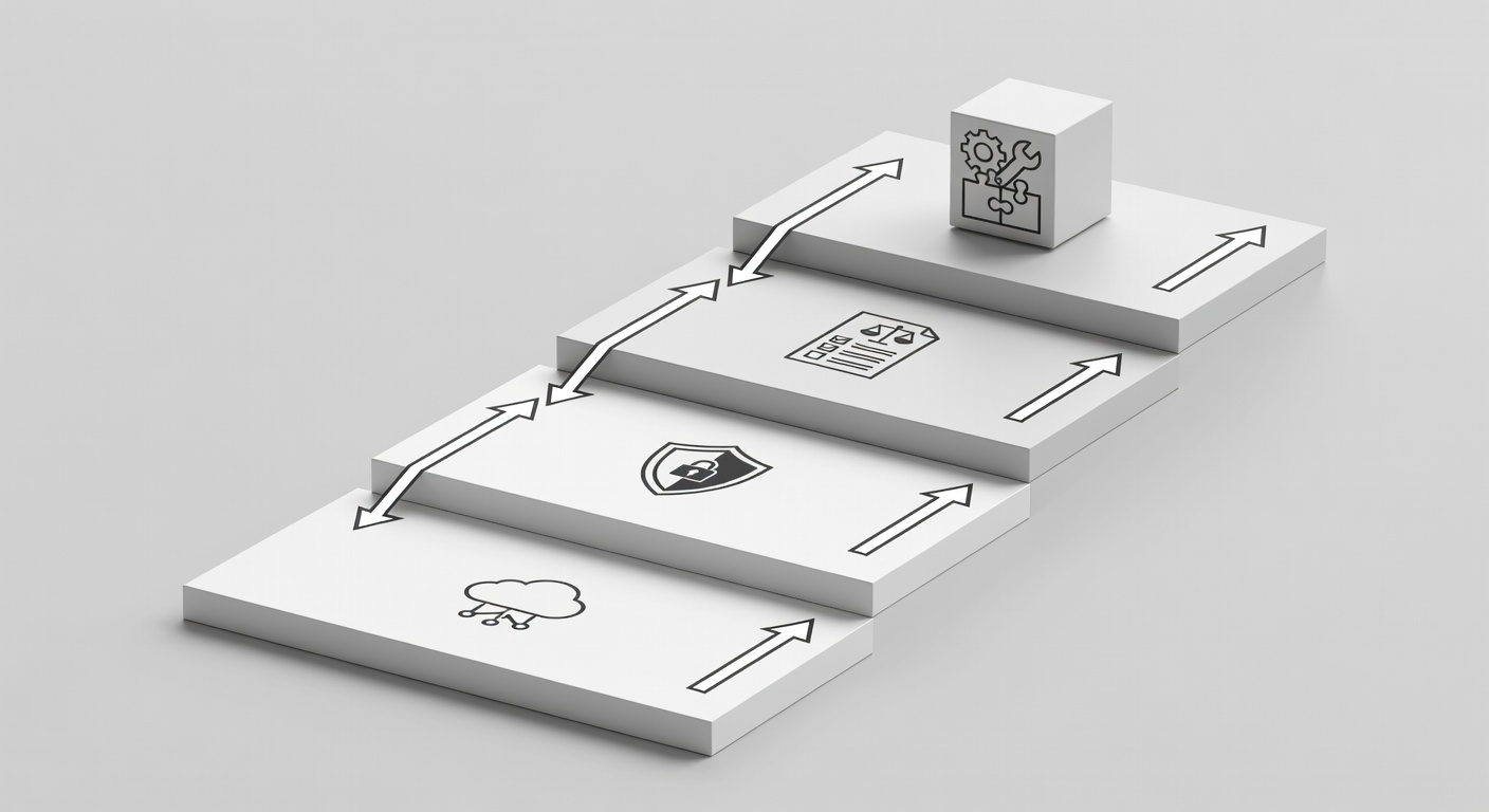 Clean tiered diagram showing four IT service packages as ascending levels from Essential to Custom, with icons for cloud, security, and compliance features and arrows indicating upgrade paths.