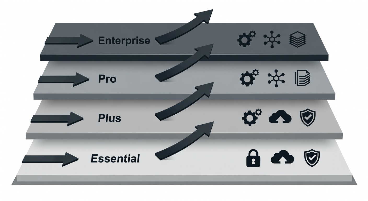 Clean tiered diagram showing the four service packages stacked vertically with key features listed beside each tier, arrows indicating progression from Essential to Plus, and icons representing security, cloud, and compliance layers.
