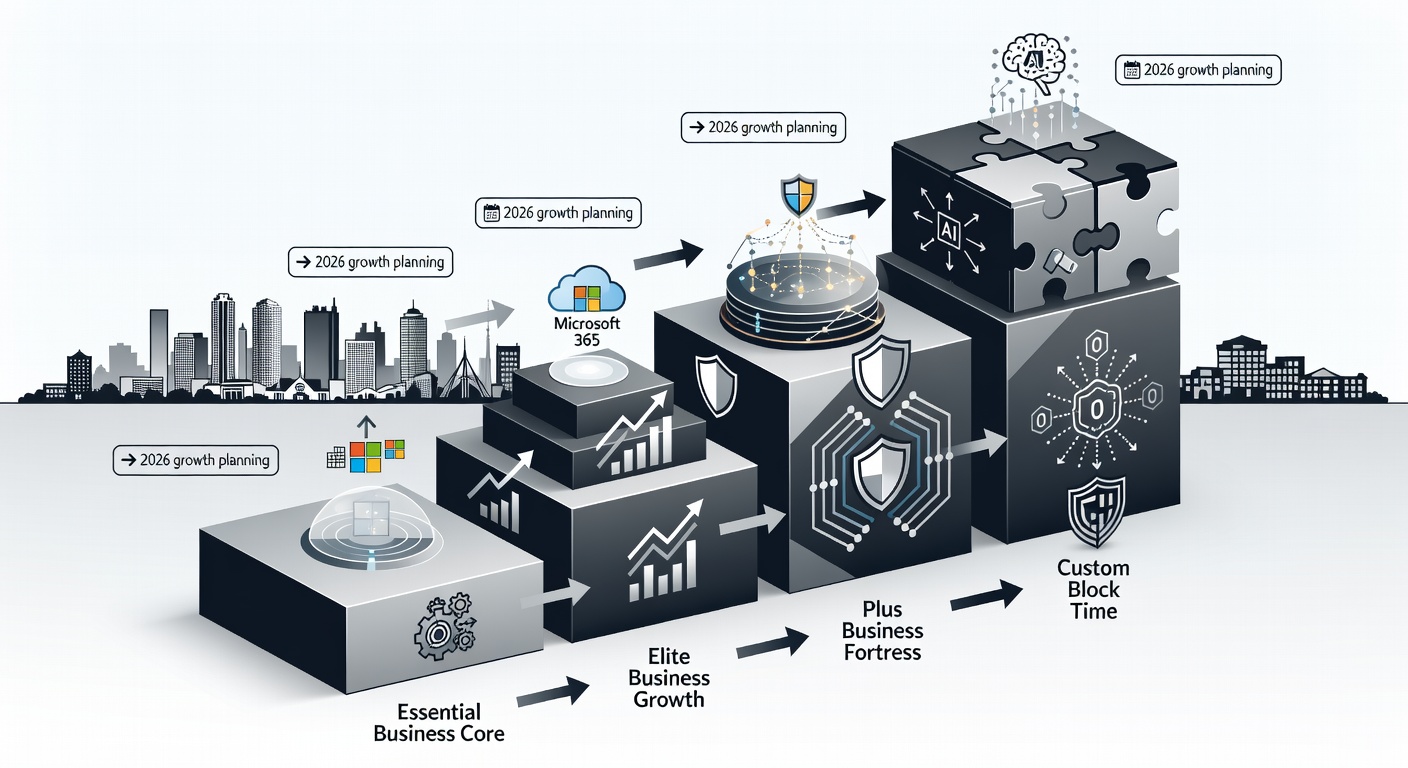 Clean tiered progression diagram showing Essential Business Core to Elite Business Growth to Plus Business Fortress to Custom Block Time, with icons for Microsoft 365, security layers, zero-trust access, and AI analytics; include Central Florida business silhouettes and 2026 growth planning labels on each tier.