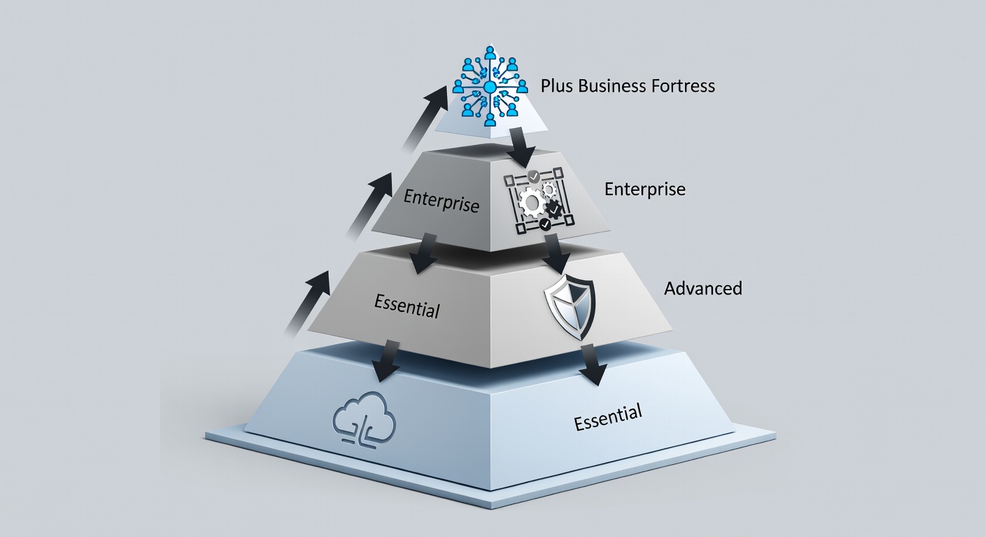 Clean tiered pyramid diagram showing four IT service packages from Essential at the base to Plus Business Fortress at the top, with icons for cloud, security, compliance, and support features labeled for each level