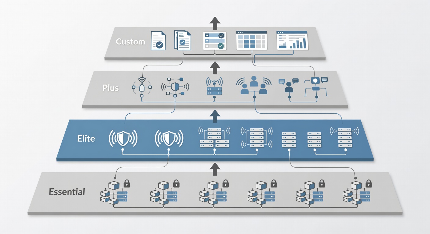 Clean vertical diagram illustrating the four service tiers (Essential, Elite, Plus, Custom) with stacked layers labeled Cloud Services, Security & Firewall, Monitoring & Support, and Compliance & Analytics, showing progressive feature additions from bottom to top