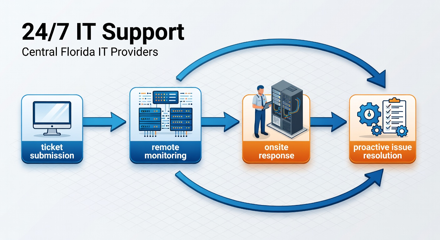 Clear conceptual flowchart illustrating the 24/7 support process from ticket submission through remote monitoring, onsite response, and proactive issue resolution used by Central Florida IT providers.