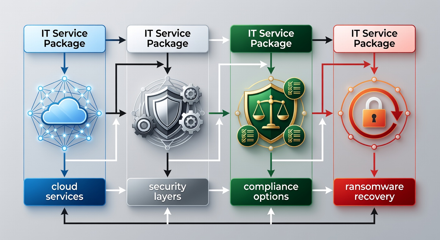 Detailed diagram comparing the four IT service packages offered by Fox Computer Solutions, showing key features like cloud services, security layers, compliance options, and ransomware recovery in a clear flowchart style.