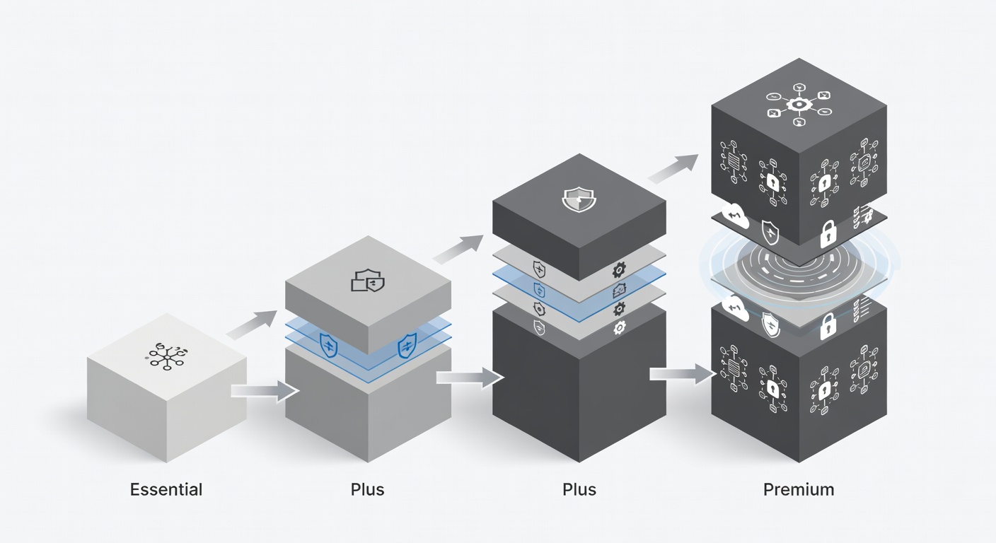 Detailed diagram showing the four service package tiers of Fox Computer Solutions with feature progression from Essential to Plus, including icons for cloud services, security layers, and compliance tools arranged in ascending order.