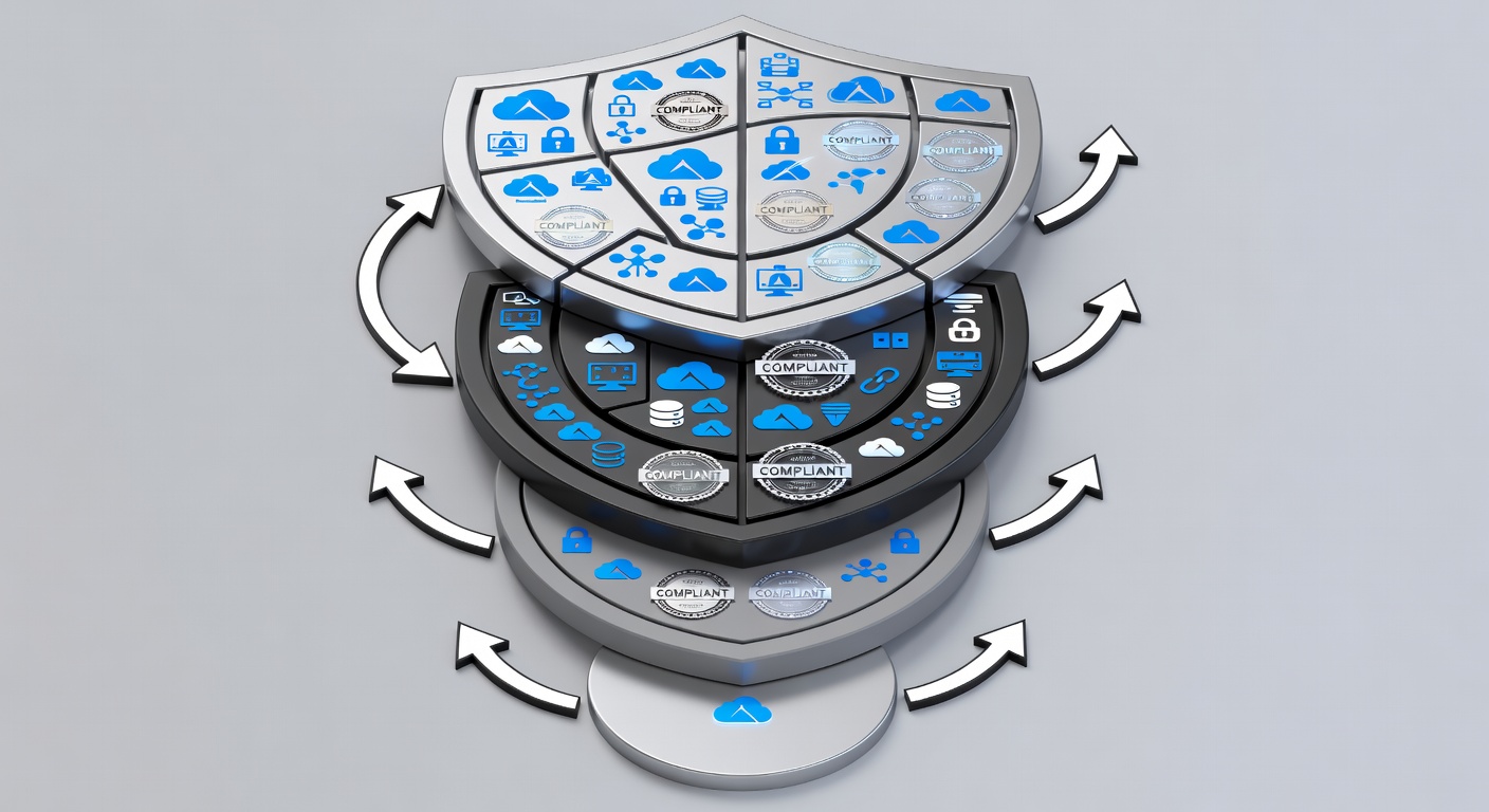 Detailed educational diagram showing the four IT service package tiers (Essential, Elite, Plus Business Fortress, Custom) as layered security shields with Microsoft Azure icons, compliance badges, and arrows indicating upgrade paths