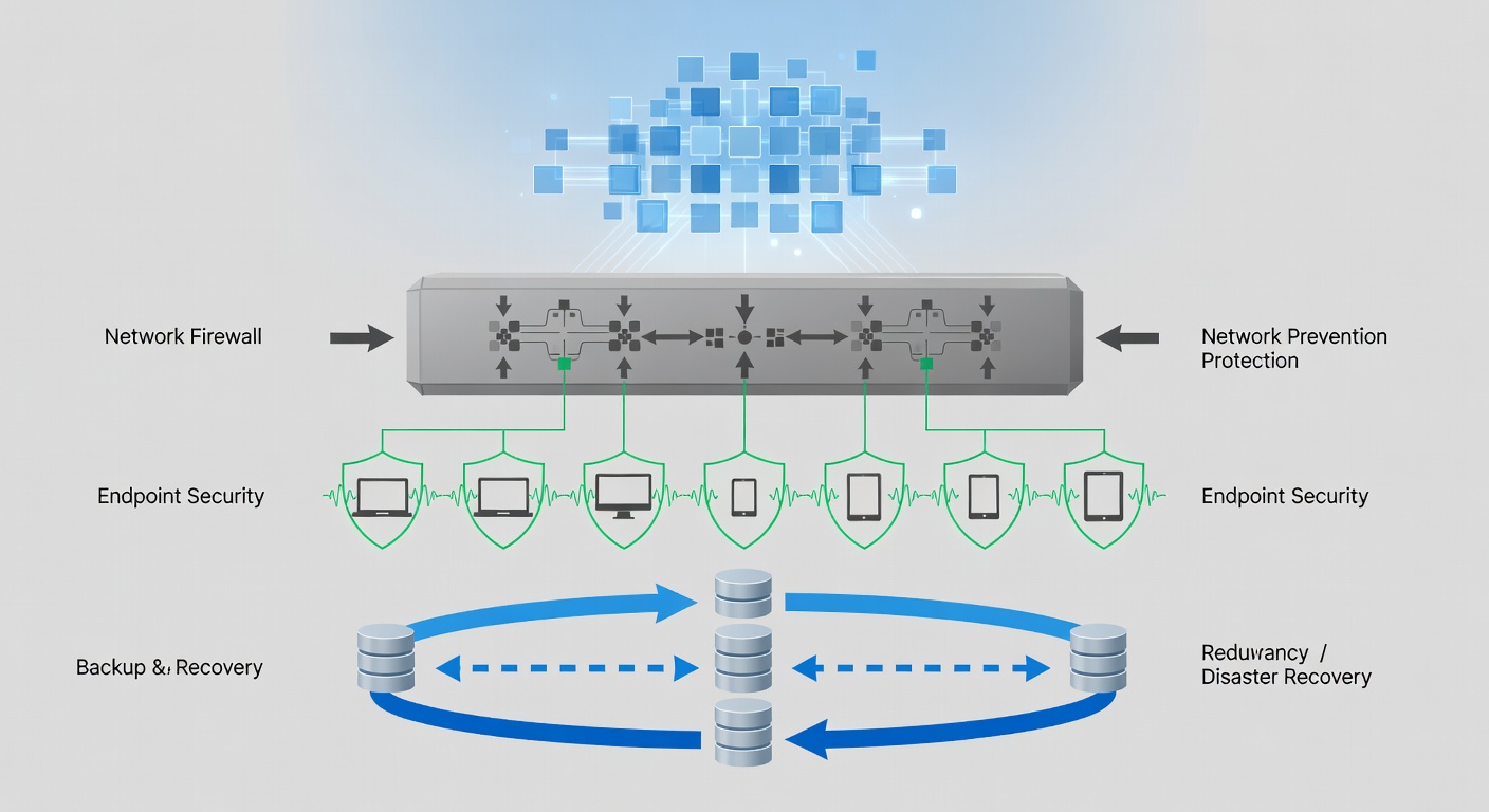Detailed educational diagram showing the layered architecture of Florida IT solutions including Microsoft Azure cloud, network firewall protection, endpoint security, and backup recovery flow for small to medium businesses.