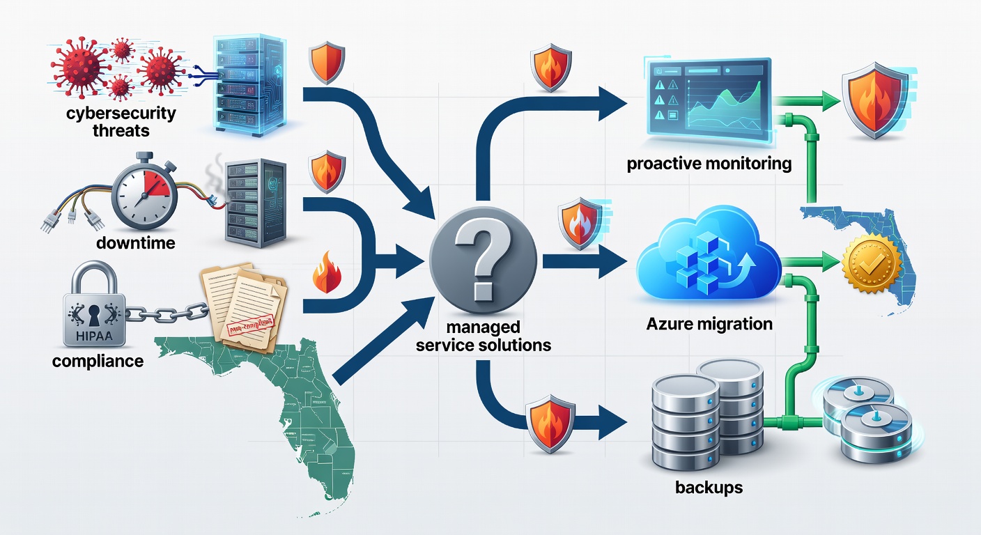 Detailed flowchart diagram illustrating IT challenges for Florida businesses (cybersecurity threats, downtime, compliance) leading to managed service solutions (proactive monitoring, Azure migration, backups), with Central Florida regional map, icons for Microsoft Azure, firewalls, and HIPAA compliance, structured as a decision tree for SMEs.