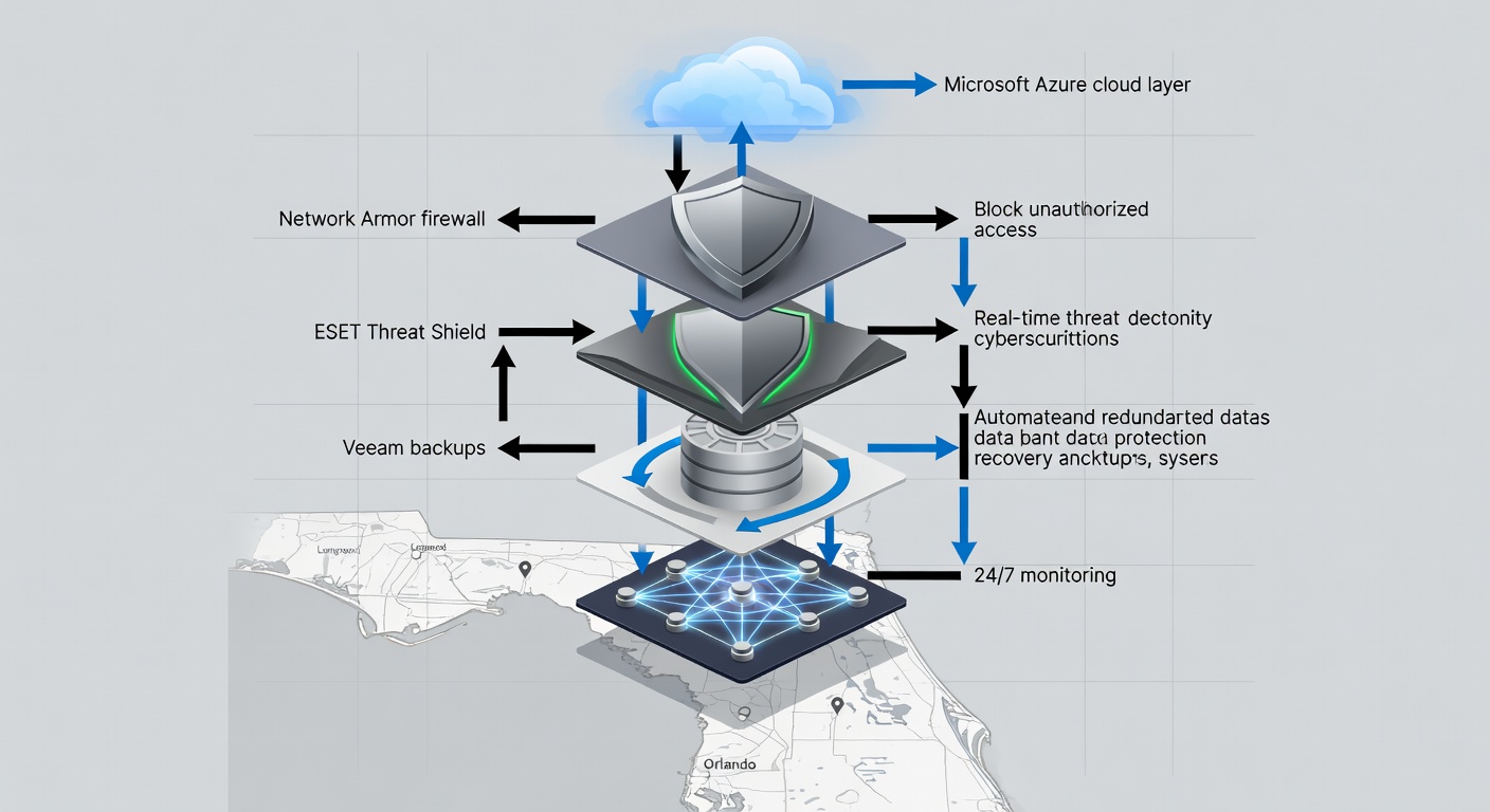 Detailed flowchart diagram illustrating the layered IT infrastructure for Florida businesses, showing connections between Microsoft Azure cloud layer, Network Armor firewall, ESET Threat Shield, Veeam backups, and 24/7 monitoring, mapped to Central Florida locations like Longwood and Orlando for visual context.